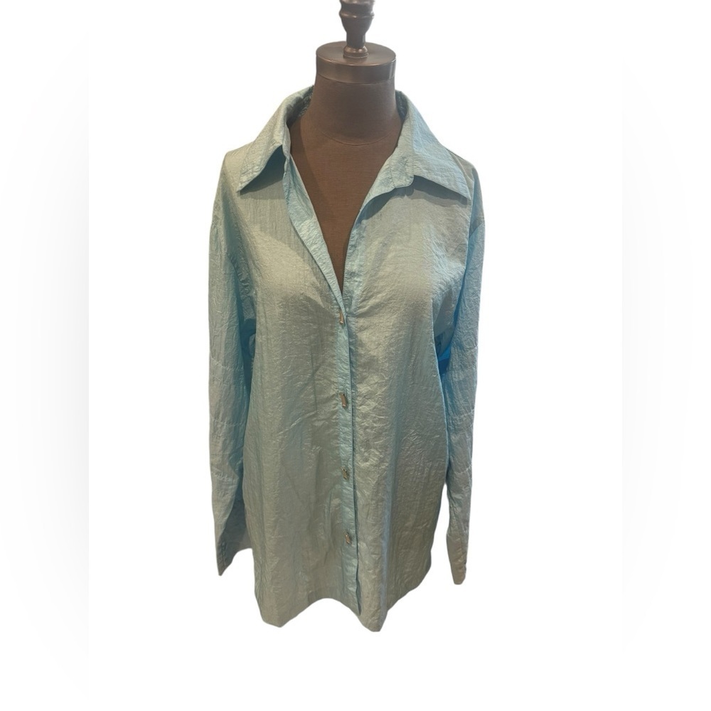 Courtney Washington Silk Button Down Shirt Light Blue Large